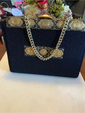 Vintage Black Chain-Handle Evening Bag with Gold Accents stitching accents